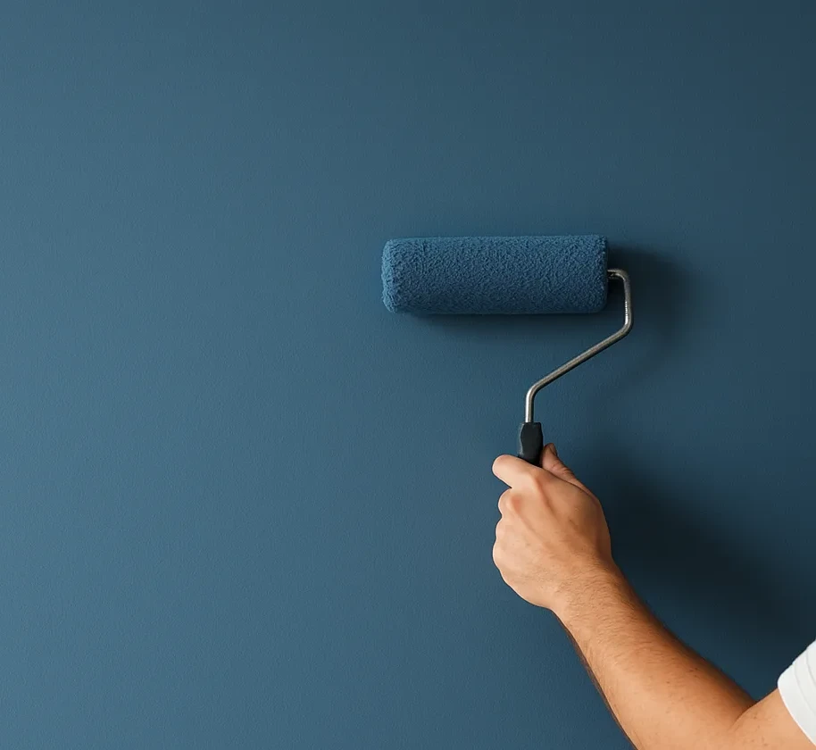 Rolo de pintura numa parede recém-pintada de azul